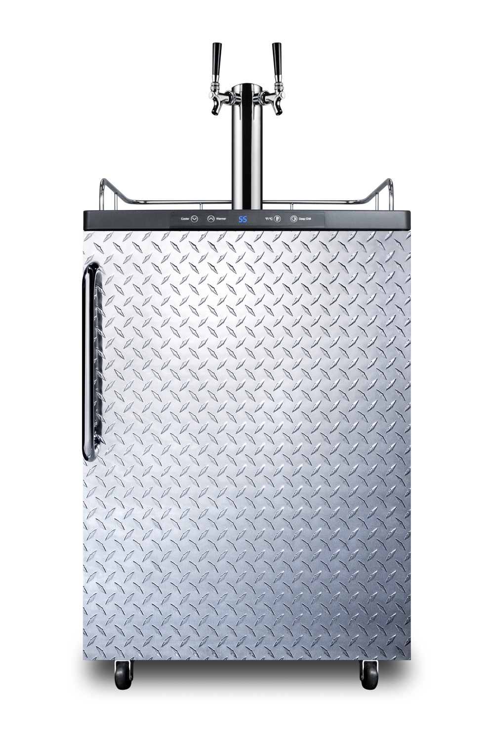 Freestanding residential dual tap beer dispenser, auto defrost w/digital thermostat, diamond plate wrapped door finish, and towel bar handle